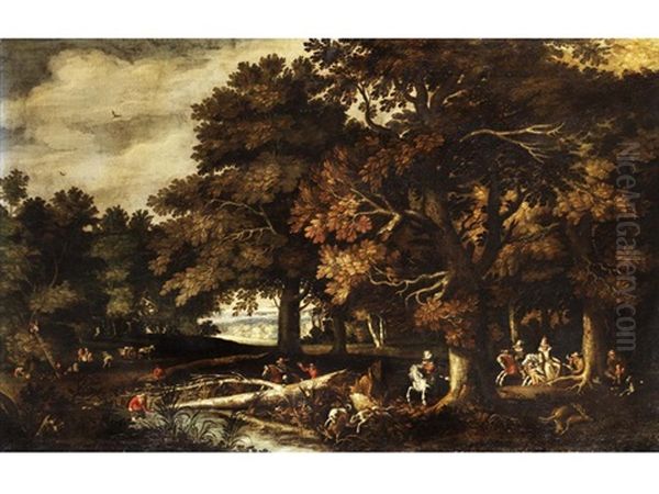 Herbstliche Waldlandschaft Mit Jagdreitern Oil Painting by Gillis Van Coninxloo III