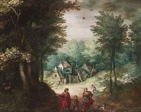 A Wooded Landscape With Tobias And His Parents Oil Painting by Gillis Van Coninxloo III