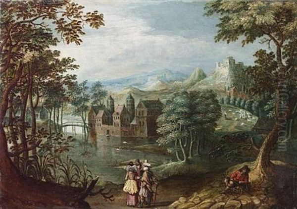 A Wooded River Landscape With Elegant Figures Conversing On A Track With A Traveller Resting Beneath A Tree, A Manor House Beyond Oil Painting by Gillis Van Coninxloo III