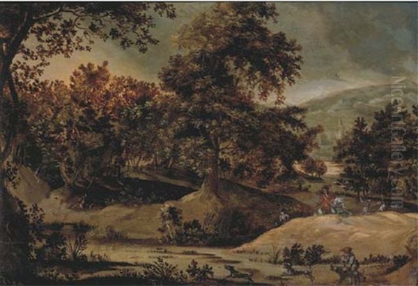 A Wooded Mountainous Landscape With Huntsmen Near A Pond Oil Painting by Gillis Van Coninxloo III