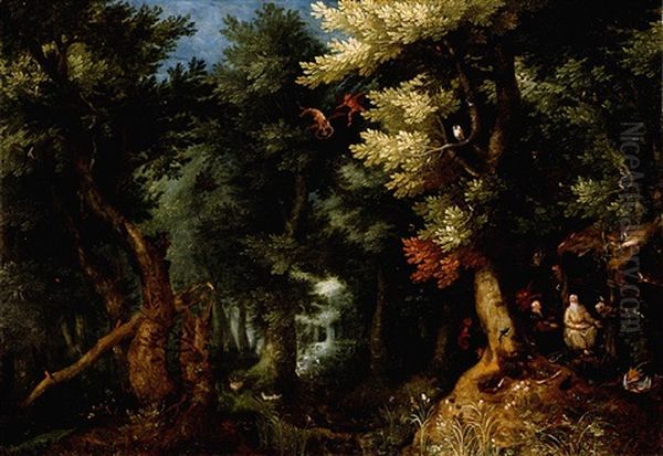 Wooded Landscape With Saints Anthony And Paul The Hermit Assailed By Demons Oil Painting by Gillis Van Coninxloo III