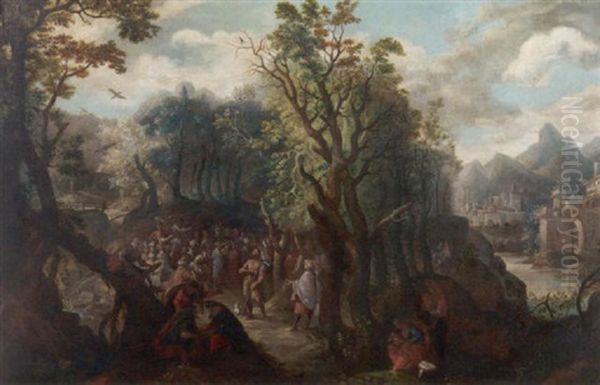 Johannespredigt. Johannes Der Taufer Predigt Dem Volk In Einer Waldlandschaft Vom Heiland Oil Painting by Gillis Van Coninxloo III