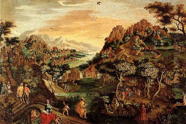 Paysage De Montagne Traverse Par Un Fleuve Avec Le Prophete Osee Et Son Epouse Gomer Oil Painting by Gillis Van Coninxloo III