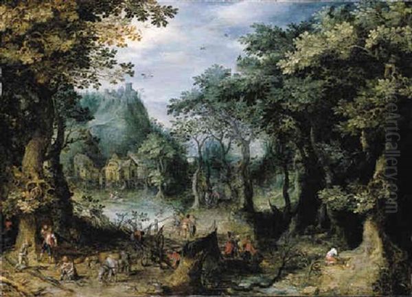 Woodcutters Working Beside A Forest Path Near A River Oil Painting by Gillis Van Coninxloo III