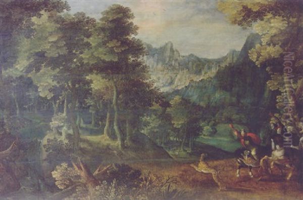 A Tiger Hunt In A Forest, A Valley Beyond Oil Painting by Gillis Van Coninxloo III