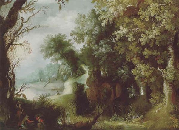 Bewaldete Fluslandschaft Mit Bauern Und Hirten Oil Painting by Gillis Van Coninxloo III