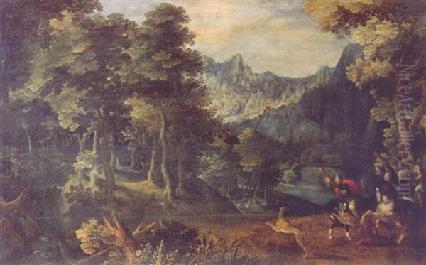 A Tiger Hunt In The Forest, A Valley Beyond Oil Painting by Gillis Van Coninxloo III