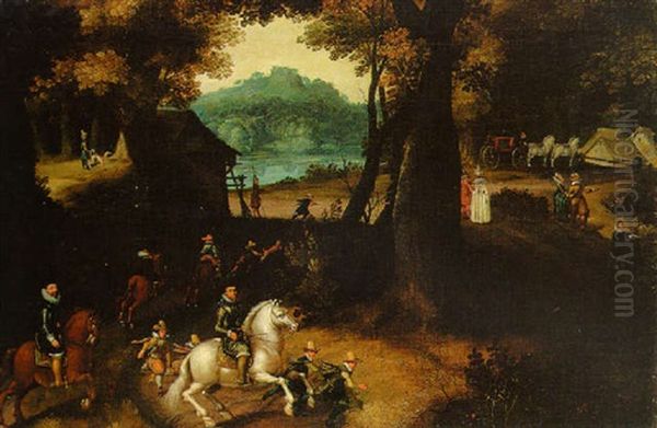 A Wooded Landscape With Maurits, Prince Of Orange, On A Grey, And Other Huntsmen Oil Painting by Gillis Van Coninxloo III