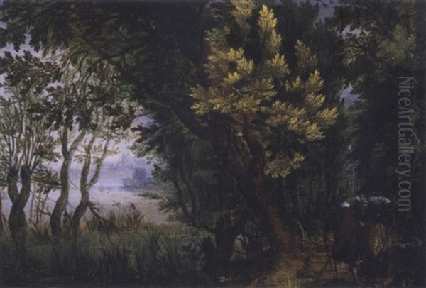 Wooded Landscape With Figures Oil Painting by Gillis Van Coninxloo III