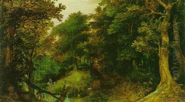 A Wooded Landscape With Hunters By A Forest Lake Oil Painting by Gillis Van Coninxloo III