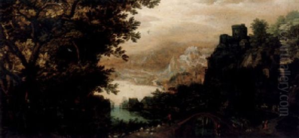 A Panoramic Wooded River Landscape With A Shepherd Herding His Flock Of Sheep Over A Bridge In The Foreground Oil Painting by Gillis Van Coninxloo III