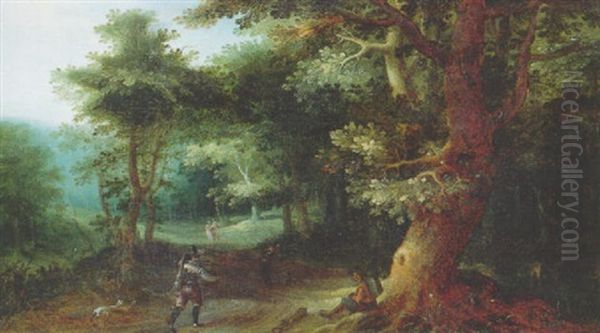 A Sportsman And A Traveller On A Path In The Wood by Gillis Van Coninxloo III