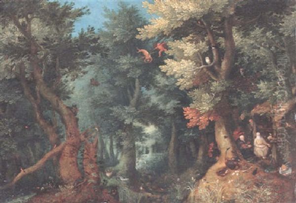 Wooded Landscape With Ss. Paul The Hermit And Anthony The Great Being Tempted By Demons Oil Painting by Gillis Van Coninxloo III