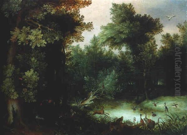 A Stag Hunt At A Pool In A Forest Oil Painting by Gillis Van Coninxloo III