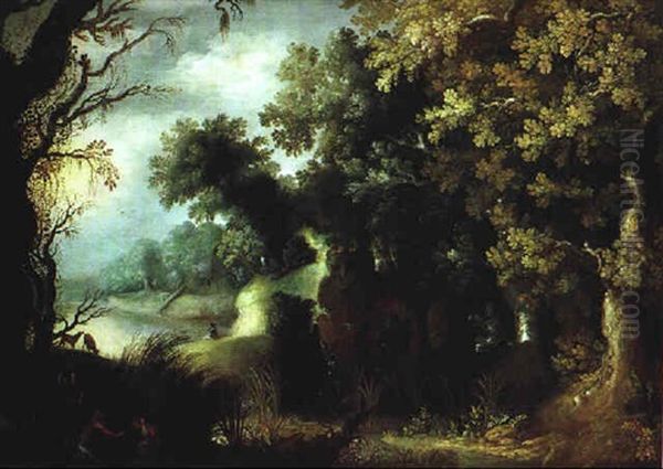 Bewaldete Fluslandschaft Mit Bauern Und Hirten Oil Painting by Gillis Van Coninxloo III