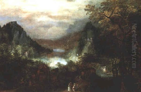 An Extensive Mountainous River Landscape With Elegant Figures On A Woodland Path Before A Hamlet Oil Painting by Gillis Van Coninxloo III