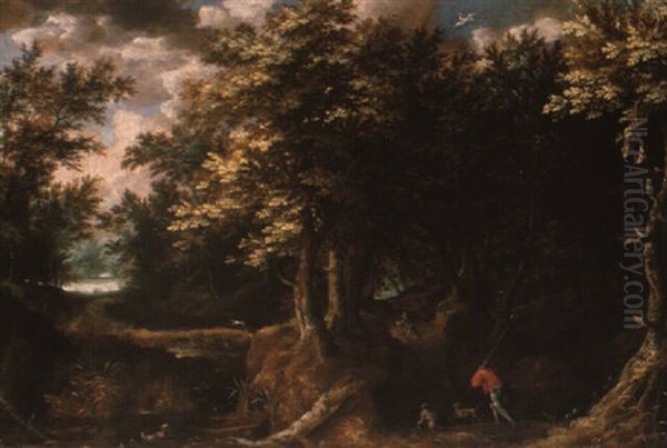 A Wooded Landscape Wiht Men Hunting Oil Painting by Gillis Van Coninxloo III