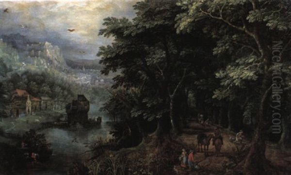 A Landscape With A Huntsman And Other Figures In An Avenue, A River Valley With A Castle And A Hamlet And Mountains Oil Painting by Gillis Van Coninxloo III