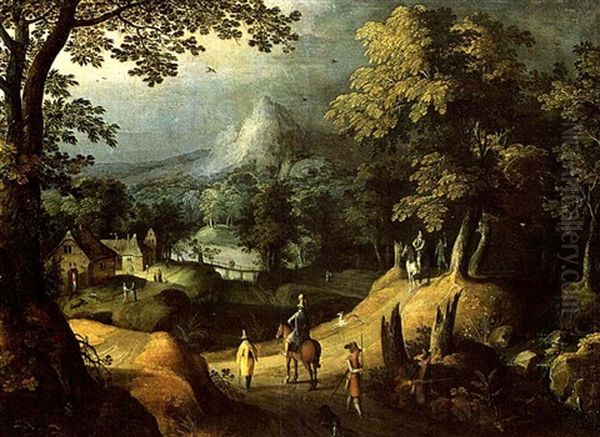 Extensive Wooded Landscape With Hunters And A Village       Beyond Oil Painting by Gillis Van Coninxloo III