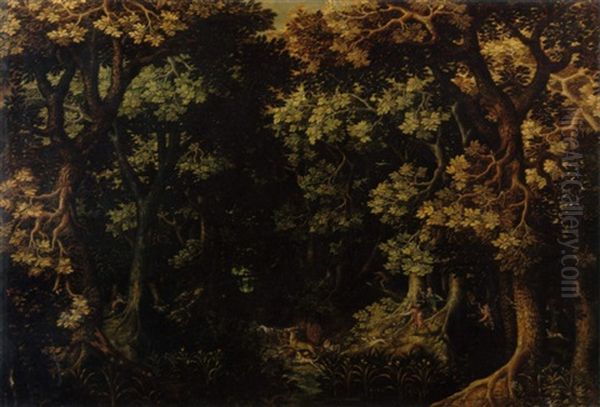 A Thickly Wooded Landscape With A Stag Hunt Oil Painting by Gillis Van Coninxloo III