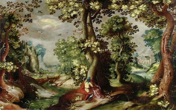 A Couple Courting Beneath A Tree, A Landscape Beyond; And An Extensive Rocky Landscape With Drovers And Their Herds Before A Town (pair) Oil Painting by Gillis Coninxloo IV