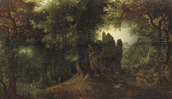 A Wooded Landscape With A Hunting Party, A Town Beyond Oil Painting by Cornelis van Coninxloo the Elder