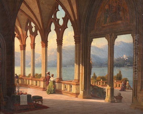 Blick Aus Einer Loggia Auf Einen See Oil Painting by Carl Emmanuel Conrad