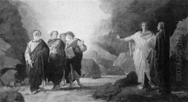 Virgil And Dante Meeting Homer, Horace, Ovid And Lucan Oil Painting by Nicola Consoni