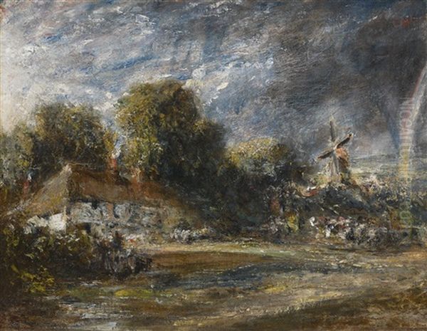 Landscape With A Red-tiled Cottage, A Windmill And A Rainbow Oil Painting by John Constable