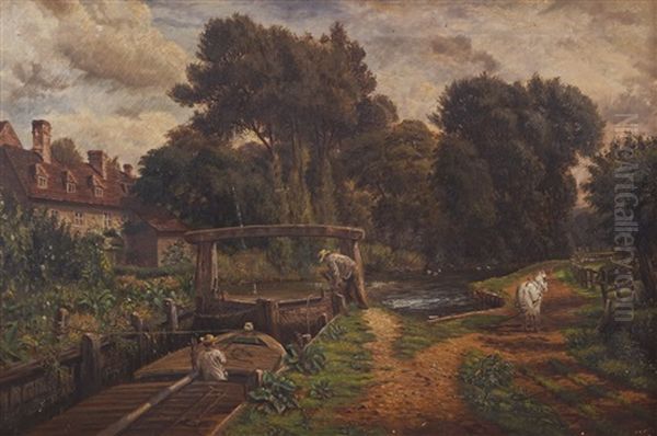 The Lock-figures Working In A River Landscape Oil Painting by John Constable