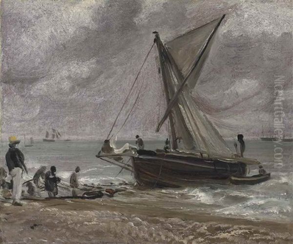 Beaching A Boat, Brighton Oil Painting by John Constable