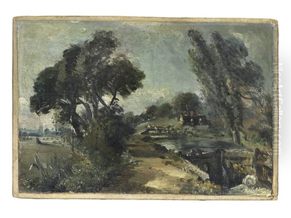 Flatford Lock On The Stour Looking Towards Bridge Cottage Oil Painting by John Constable