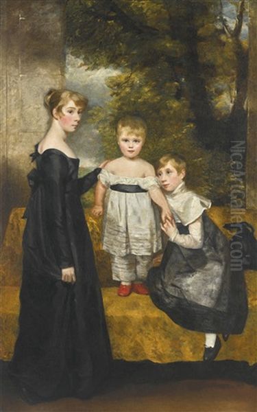 A Group Portrait Of The Barker Children In A Landscape: Sophia Norris Barker, Standing Full Length In A Black Dress, Her Sister Harriet, In A Black Dress And White Collar, And Their Brother Robert, In A White Suit by John Constable