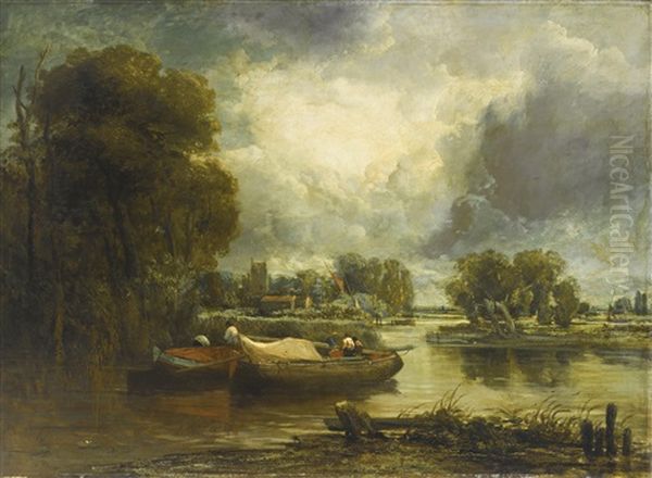 Barges On A River Oil Painting by John Constable