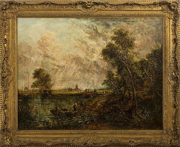 English Landscape With Village And Bridge Over A Stream Oil Painting by John Constable