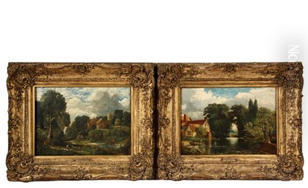 Country Pond Scenes With Cottages And A Church Oil Painting by John Constable