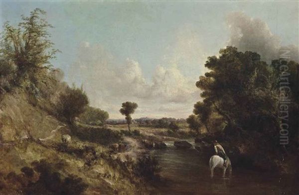 A Wooded River Landscape With A Drover On Horseback And His Cattle On A Track Oil Painting by John Constable