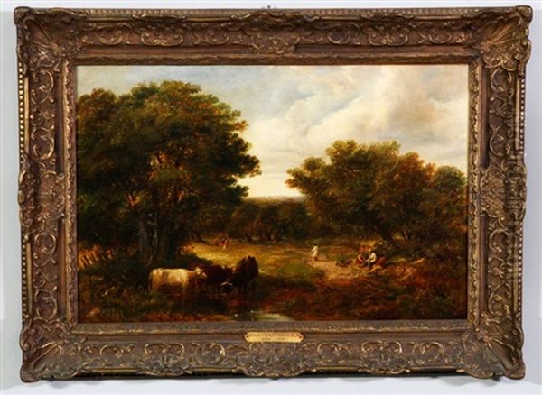 Three Cows In Foreground And Six Figures In A Wooded Clearing Oil Painting by John Constable