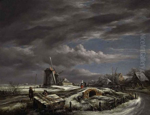 A Winter Landscape With With Figures On A Path, A Footbridge And Windmills Beyond (after Jacob Van Ruisdael) Oil Painting by John Constable