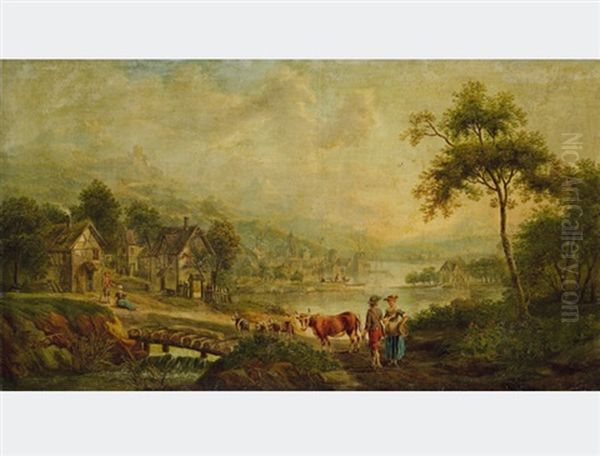 Landscape With Cottage And Figures In The Foreground Oil Painting by John Constable