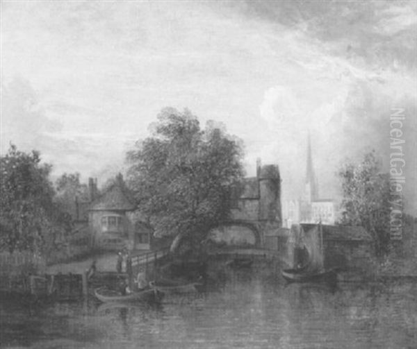 Dorf Am Fluss Mit Blick Auf Die Kathedrale Von Salisbury Oil Painting by John Constable