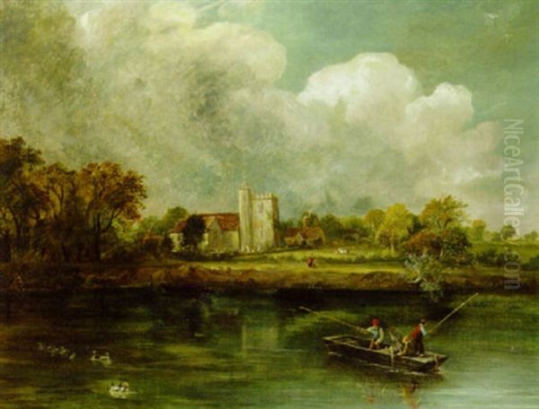 Anglers On A River With A Church Beyond Oil Painting by John Constable