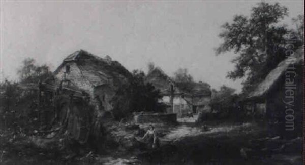 Woman Fetching Water By A Mill, Farm Buildings To Background Oil Painting by John Constable