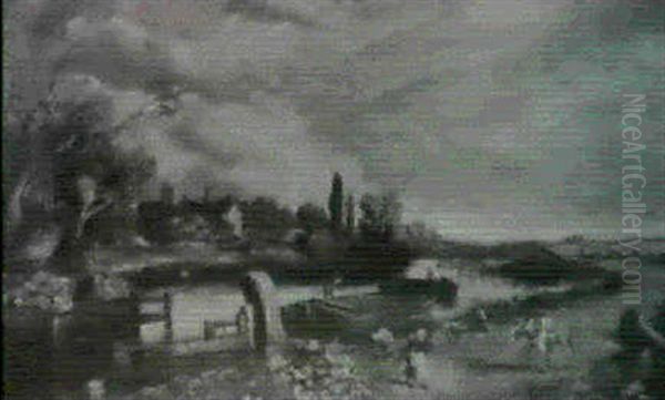 A River Landscape With Barges Passing Through A Lock Oil Painting by John Constable