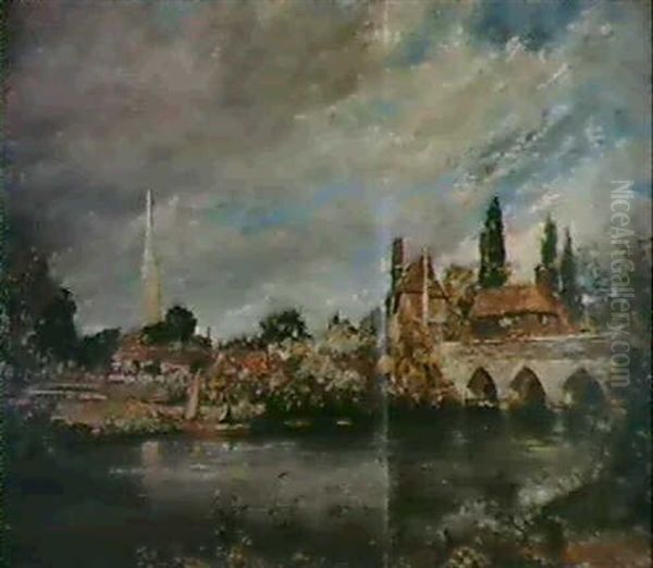 Harnham Bridge Looking Towards Salisbury Cathedral Oil Painting by John Constable