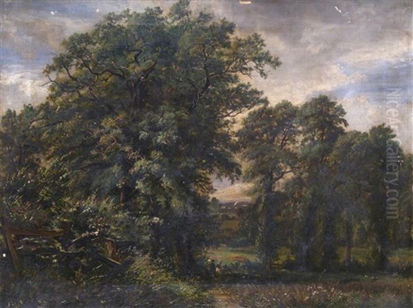 Landscape, Probably Wardour Castle, With A Couple On A Path By A Gate Oil Painting by Lionel Bicknell Constable