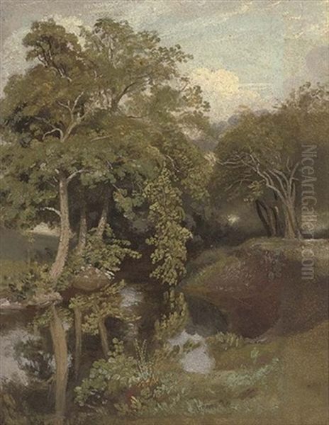 A Wooded River Landscape Oil Painting by Lionel Bicknell Constable