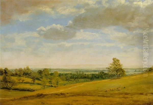 Landscape With A Distant Spire Oil Painting by Lionel Bicknell Constable