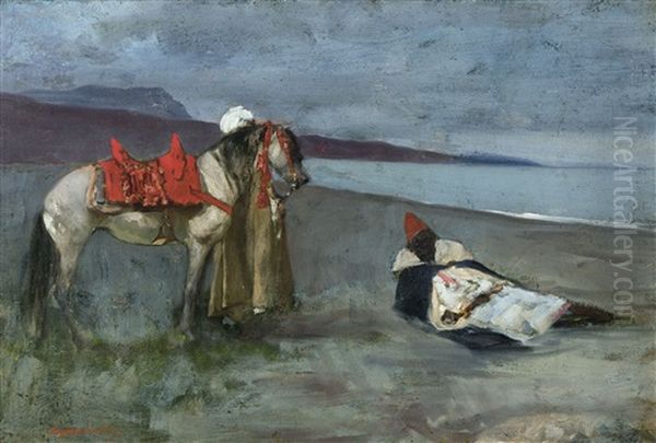 Arabe Au Repos At Accompagnateur A La Plage Oil Painting by Jean Joseph Benjamin Constant