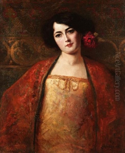 Portrait Of A Lady In A Red Shawl Oil Painting by Jean Joseph Benjamin Constant